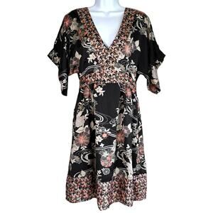 H&M Womens Boho Floral Kimono Sleeve Empire Waist Dress Black Size 10 Date Indie